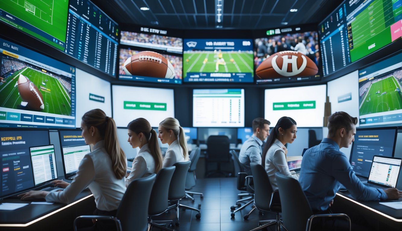 Orang-orang muda sedang menggunakan komputer dan tablet di kantor modern dengan layar besar menampilkan berbagai acara olahraga dan taruhan.