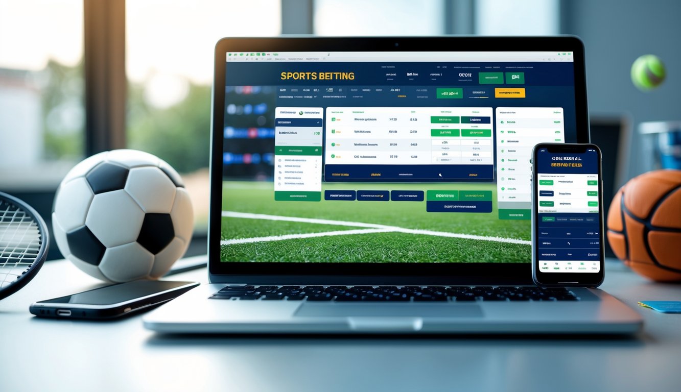 Seseorang menggunakan laptop dan ponsel untuk memasang taruhan olahraga online dengan peralatan olahraga di sekitar meja kerja.