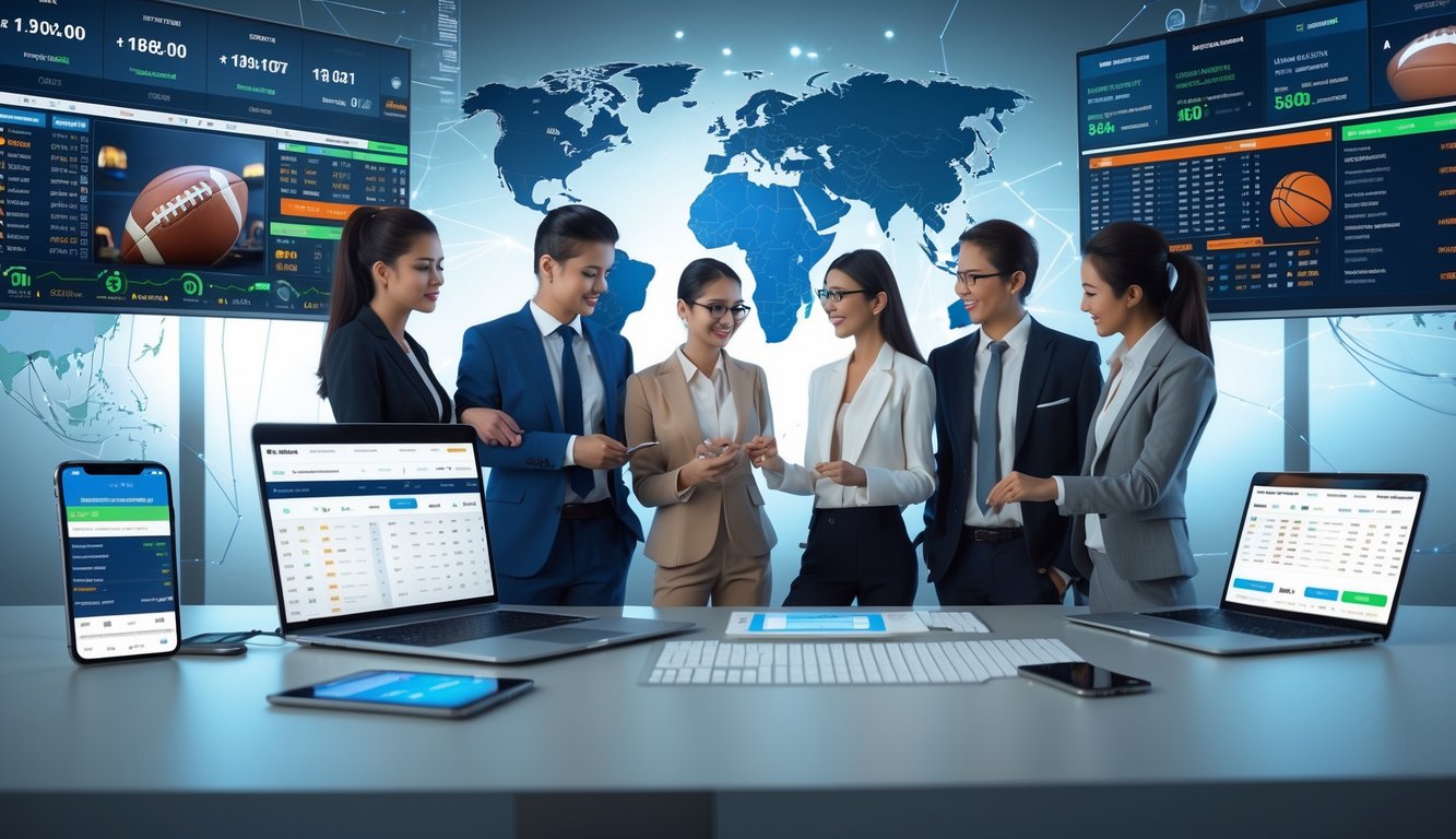 Sekelompok profesional muda di ruang kerja modern dengan layar menampilkan berbagai acara olahraga dan grafik taruhan.