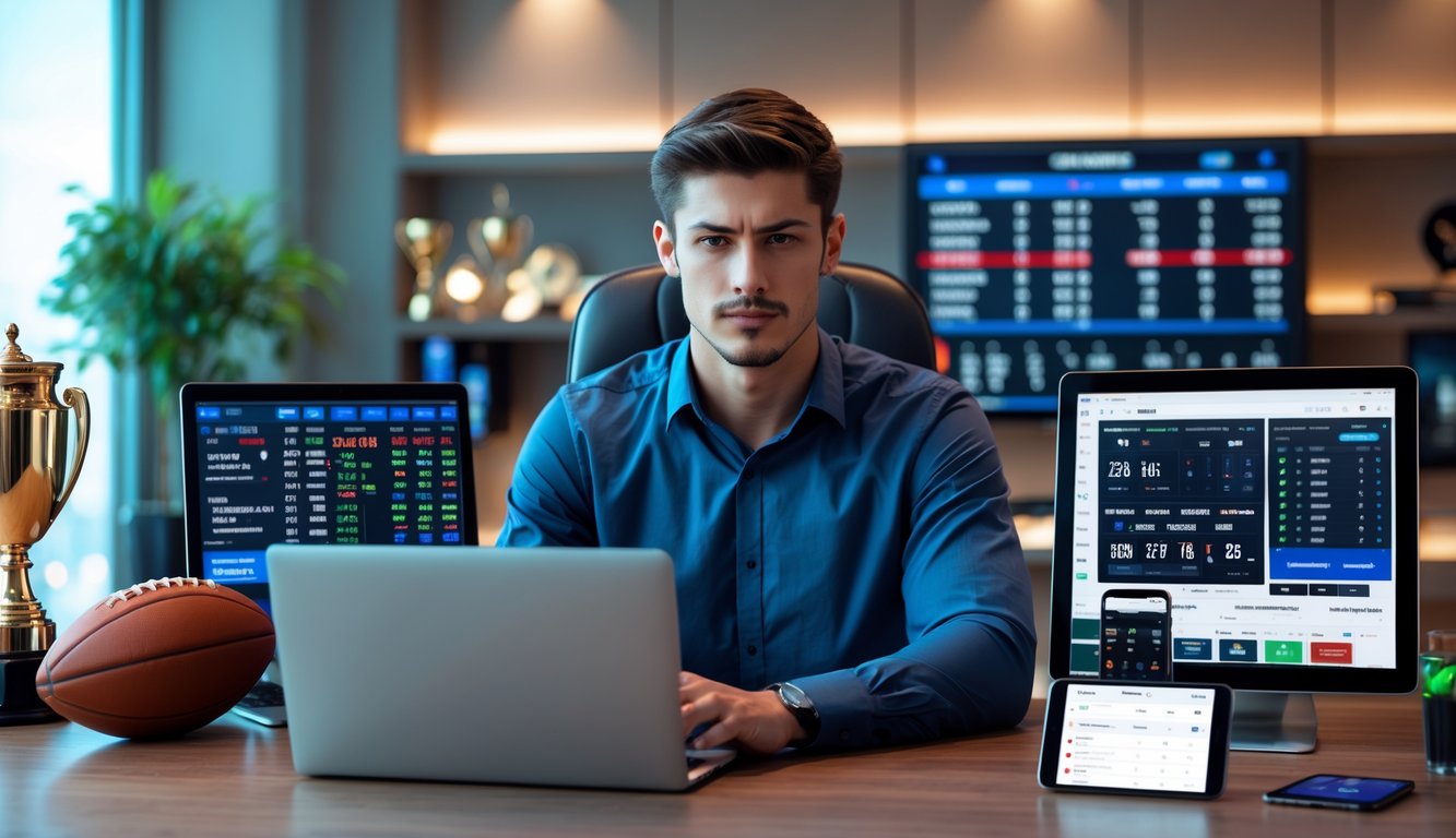 Seorang pria muda duduk di meja kantor menggunakan laptop dengan tampilan statistik taruhan olahraga dan perangkat digital lain di sekitarnya.