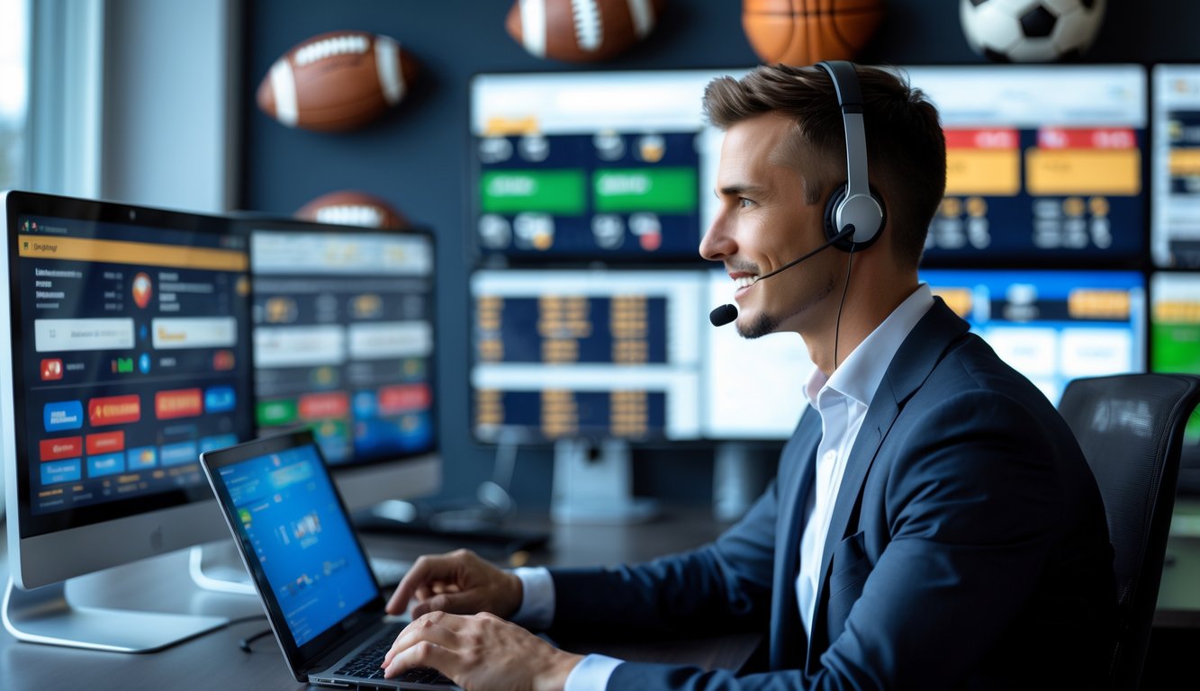Seorang agen taruhan olahraga online yang percaya diri bekerja di kantor modern dengan beberapa monitor menampilkan pertandingan olahraga.