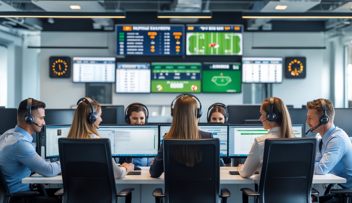 Pusat layanan pelanggan dengan staf yang sedang melayani pelanggan di kantor modern yang terang dan dilengkapi komputer.