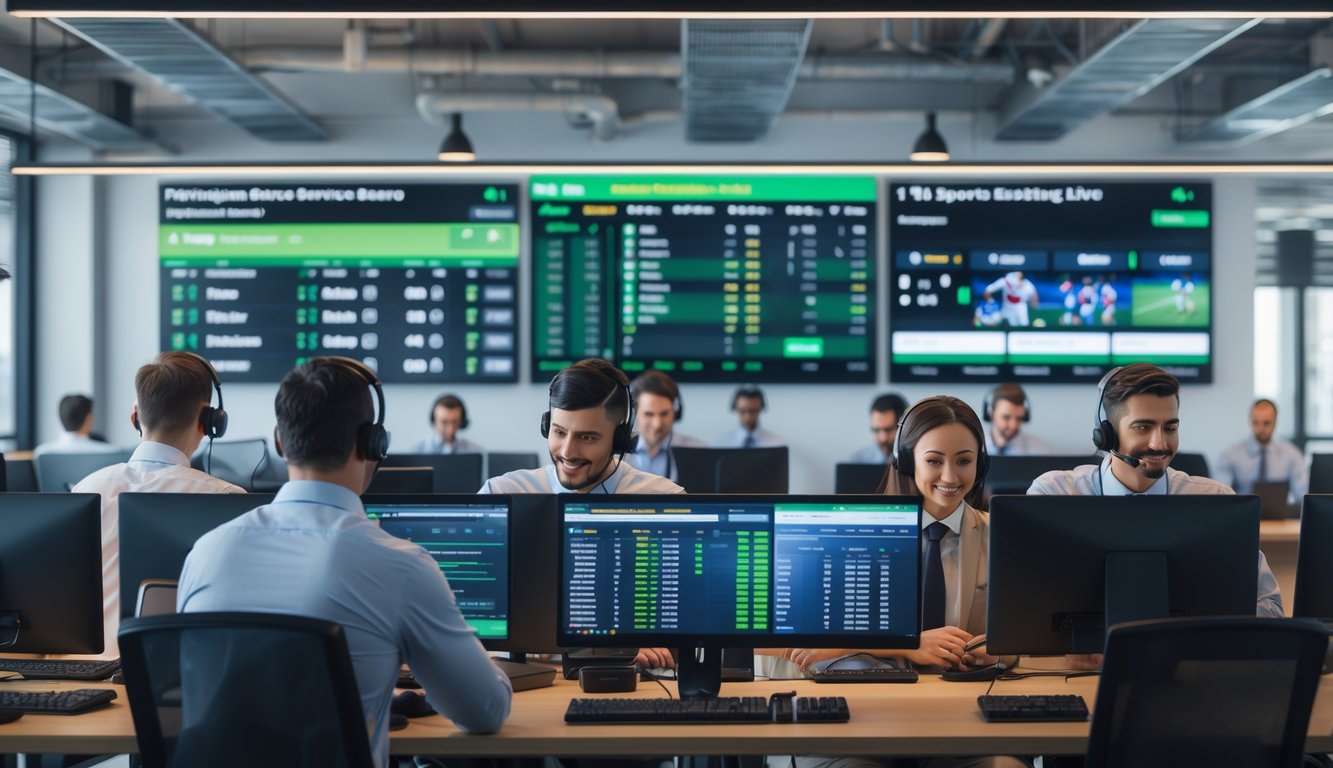 Tim layanan pelanggan sedang bekerja di kantor modern dengan komputer dan monitor yang menampilkan data taruhan olahraga.