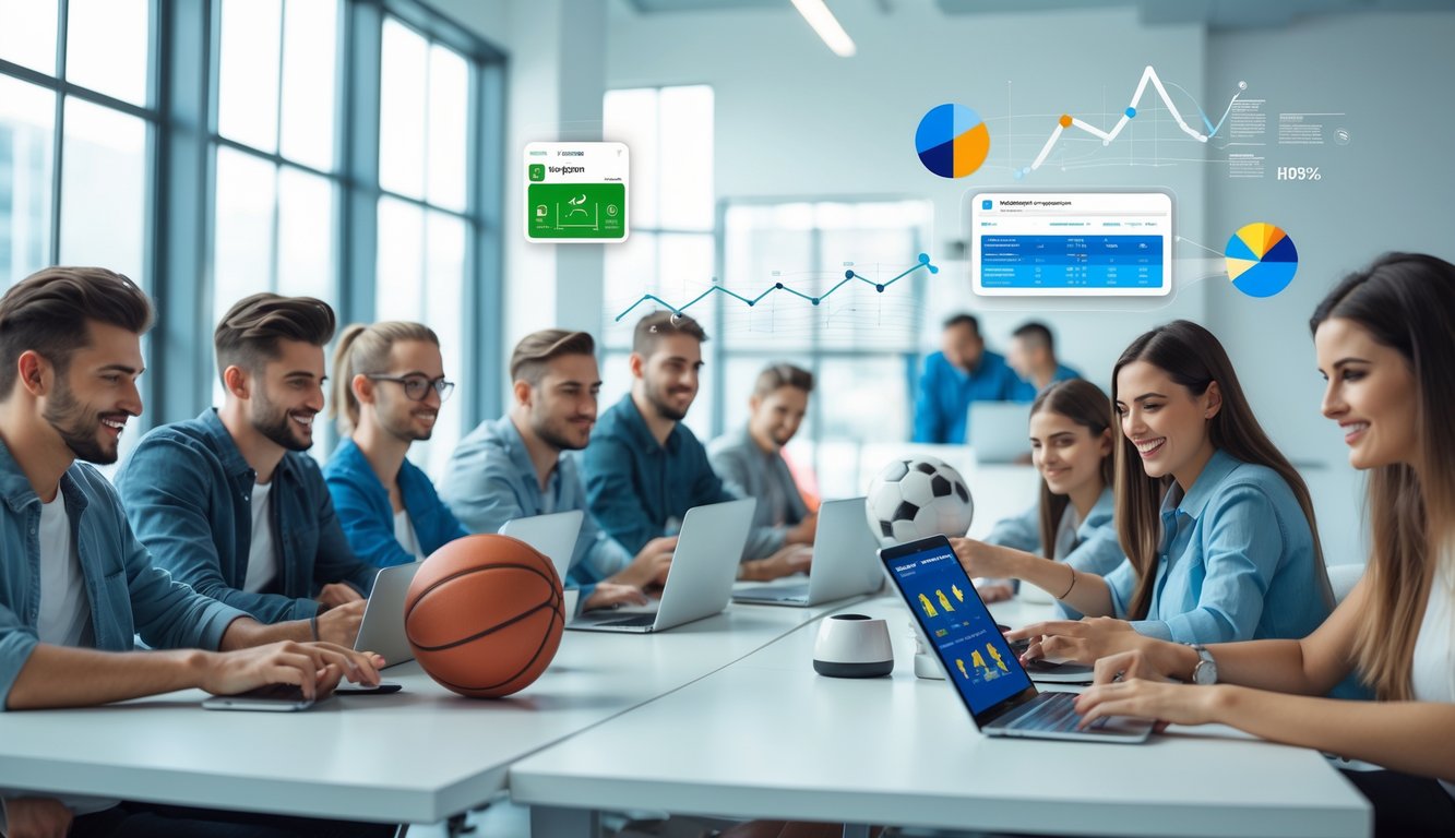 Sekelompok orang muda menggunakan laptop dan ponsel di ruang terang dengan peralatan olahraga di meja.