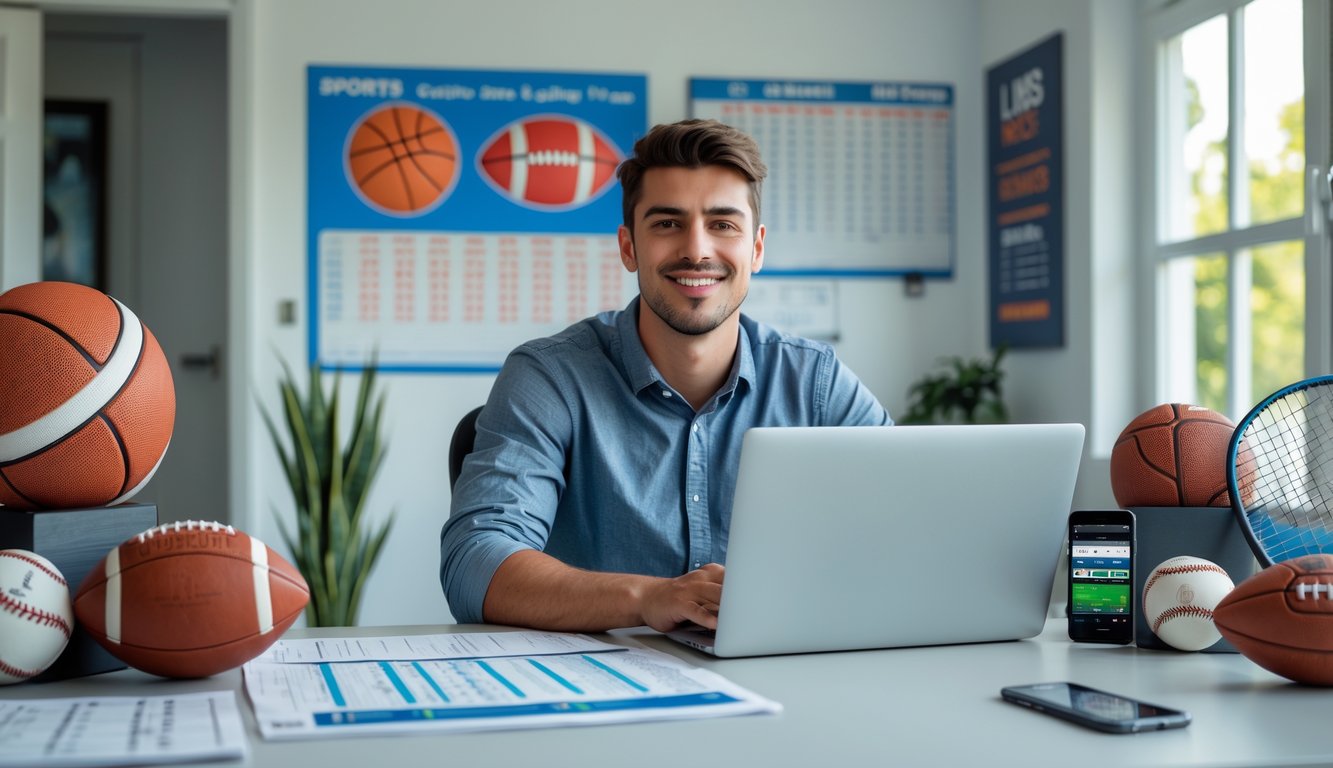 Seorang pria muda duduk di meja dengan laptop dan peralatan olahraga di sekitarnya, tampak fokus dan tersenyum saat menggunakan layanan taruhan olahraga online.