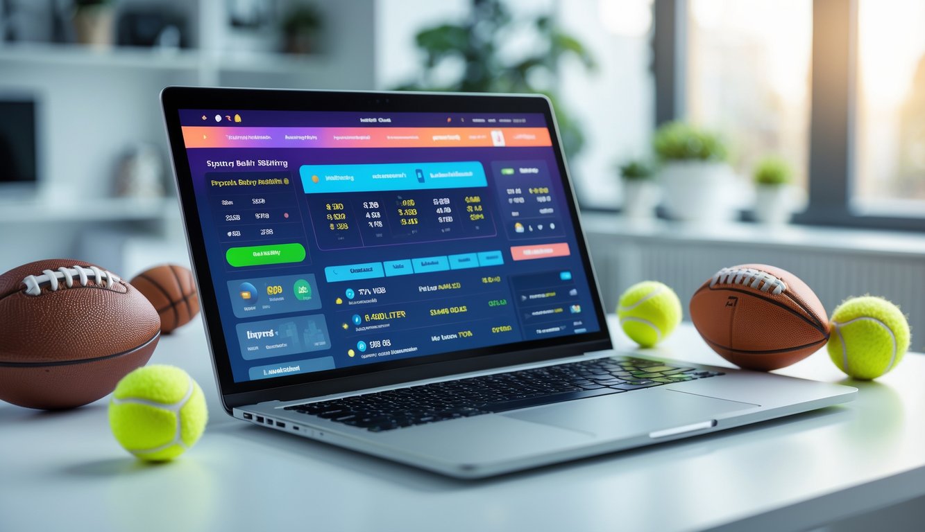 Seseorang menggunakan komputer dengan tampilan antarmuka taruhan olahraga online, dikelilingi bola sepak, bola basket, dan bola tenis di atas meja yang rapi.