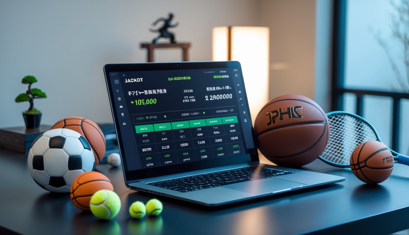 Seorang profesional menggunakan laptop di meja dengan perlengkapan olahraga di sekitarnya, menunjukkan konsep taruhan olahraga online dengan suasana yang modern dan terpercaya.