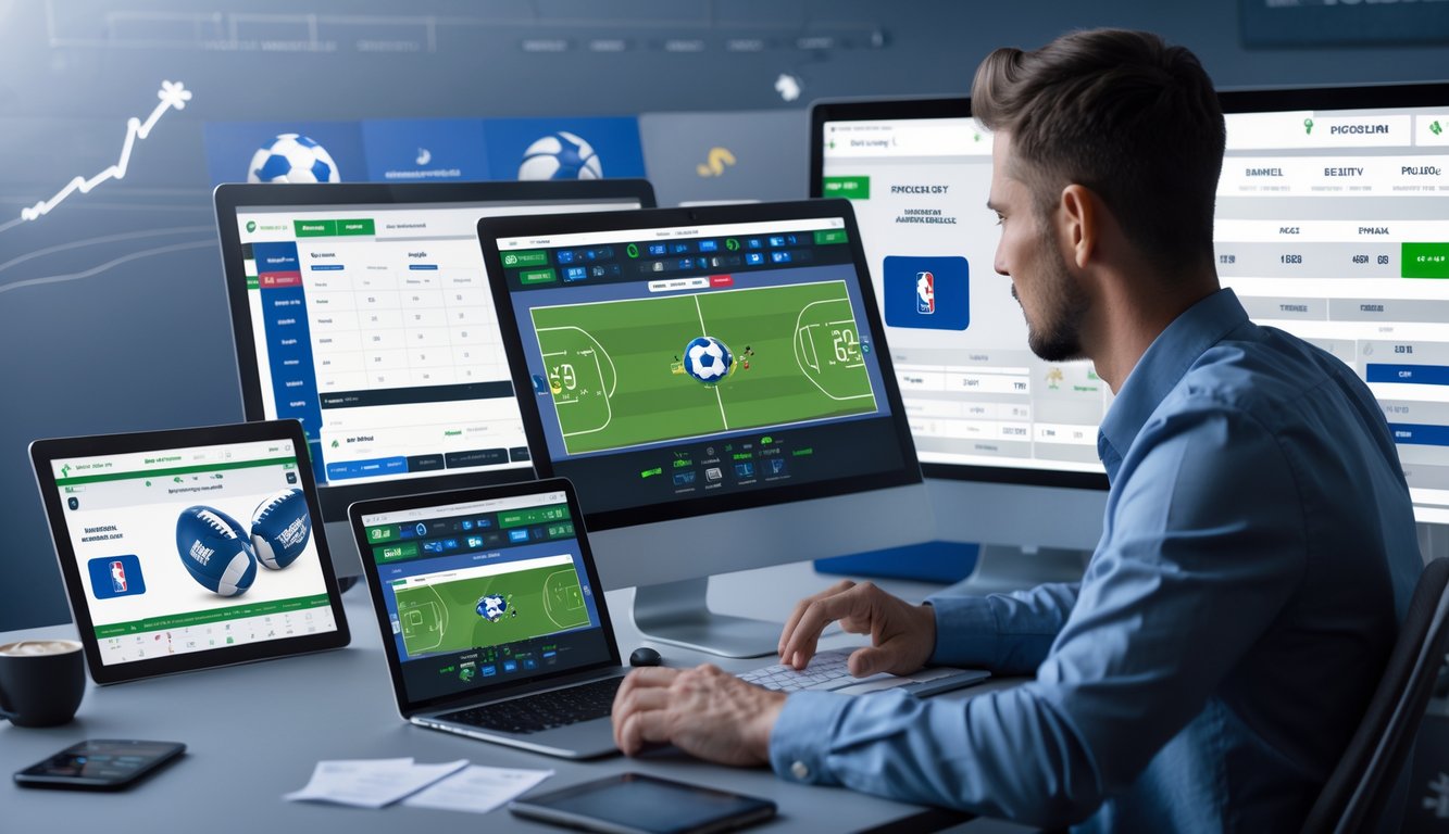 Seseorang menggunakan beberapa perangkat digital untuk memasang taruhan pada pertandingan sepak bola dan bola basket secara online.