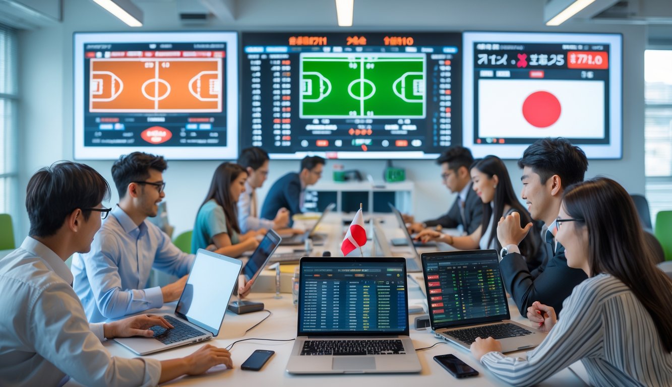 Sekelompok orang muda menggunakan perangkat elektronik untuk bertaruh pada pertandingan sepak bola dan bola basket di ruang kantor modern.