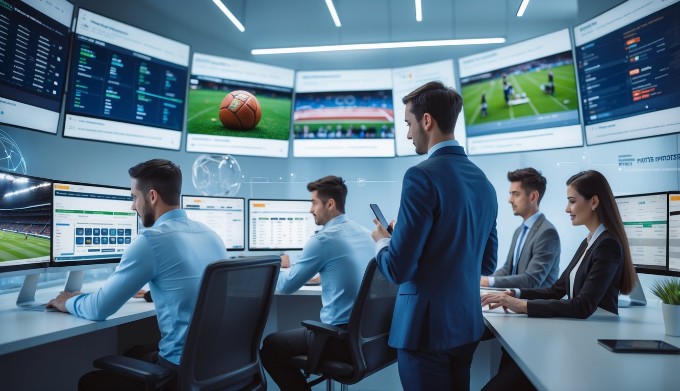 Sekelompok profesional muda sedang menggunakan komputer untuk taruhan olahraga online di ruang kerja modern dengan beberapa layar menampilkan berbagai pertandingan olahraga internasional.