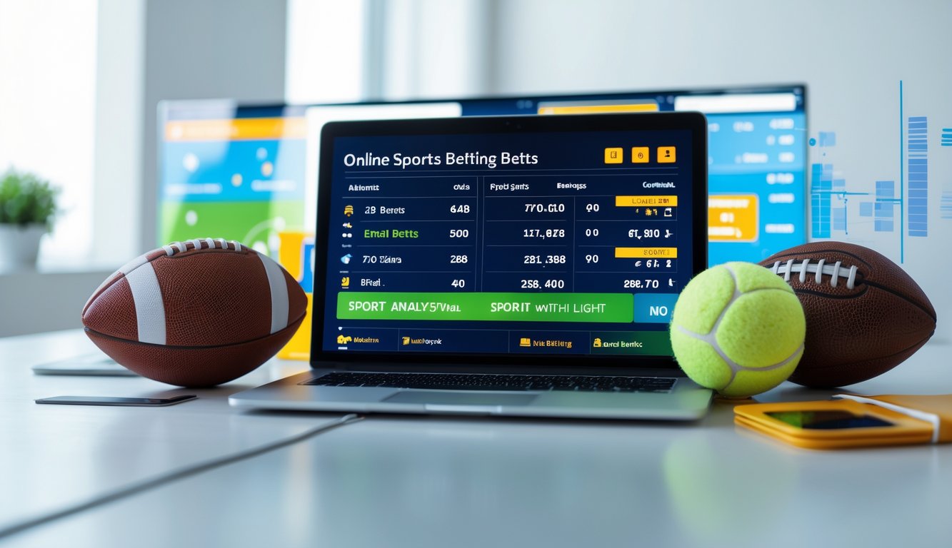 Meja kerja modern dengan laptop yang menampilkan statistik olahraga dan bola olahraga di sekitarnya.