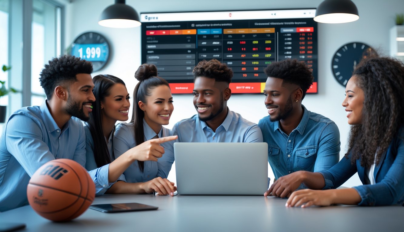 Sekelompok orang muda sedang berdiskusi di sekitar laptop dengan latar kantor modern dan peralatan olahraga.