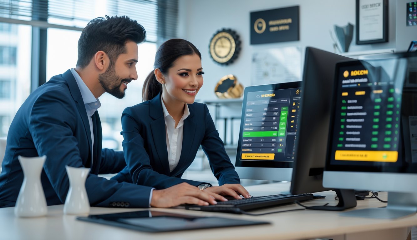 Dua orang profesional sedang bekerja bersama di depan komputer dengan tampilan taruhan sepak bola online di layar.