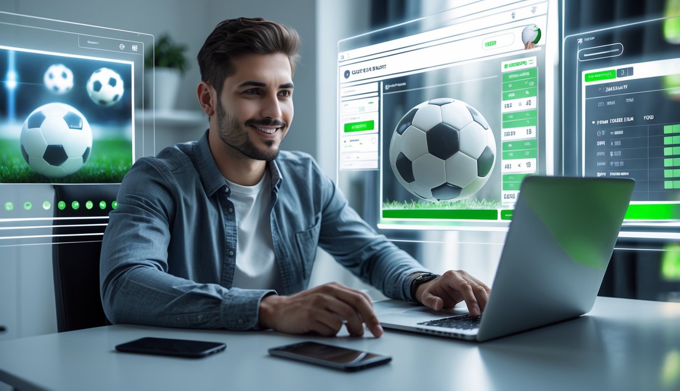 Seorang pria muda menggunakan laptop dan ponsel di ruang kerja modern dengan latar belakang grafik sepak bola dan layar digital.