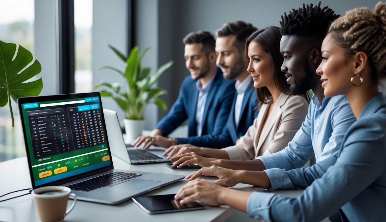 Sekelompok orang sedang menggunakan perangkat digital untuk bertaruh sepak bola secara online di sebuah ruang kerja modern.