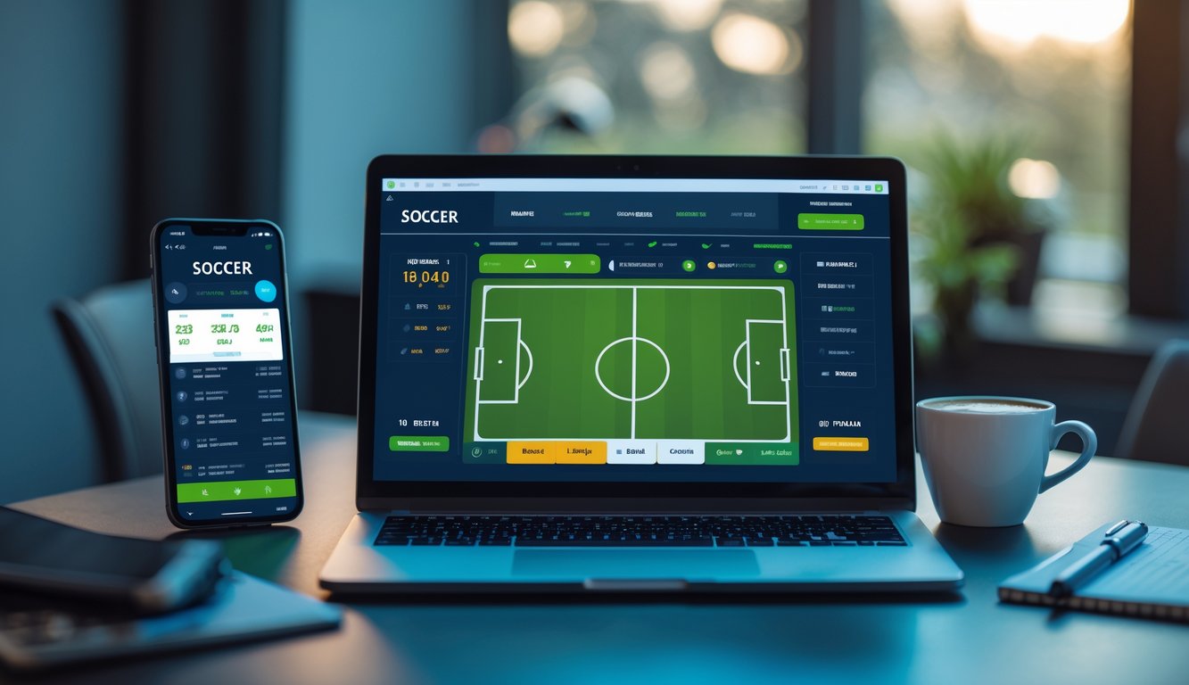 Seorang pria menggunakan laptop di meja kerja dengan tampilan antarmuka taruhan sepak bola digital di layar, dikelilingi oleh ponsel, cangkir kopi, dan buku catatan.