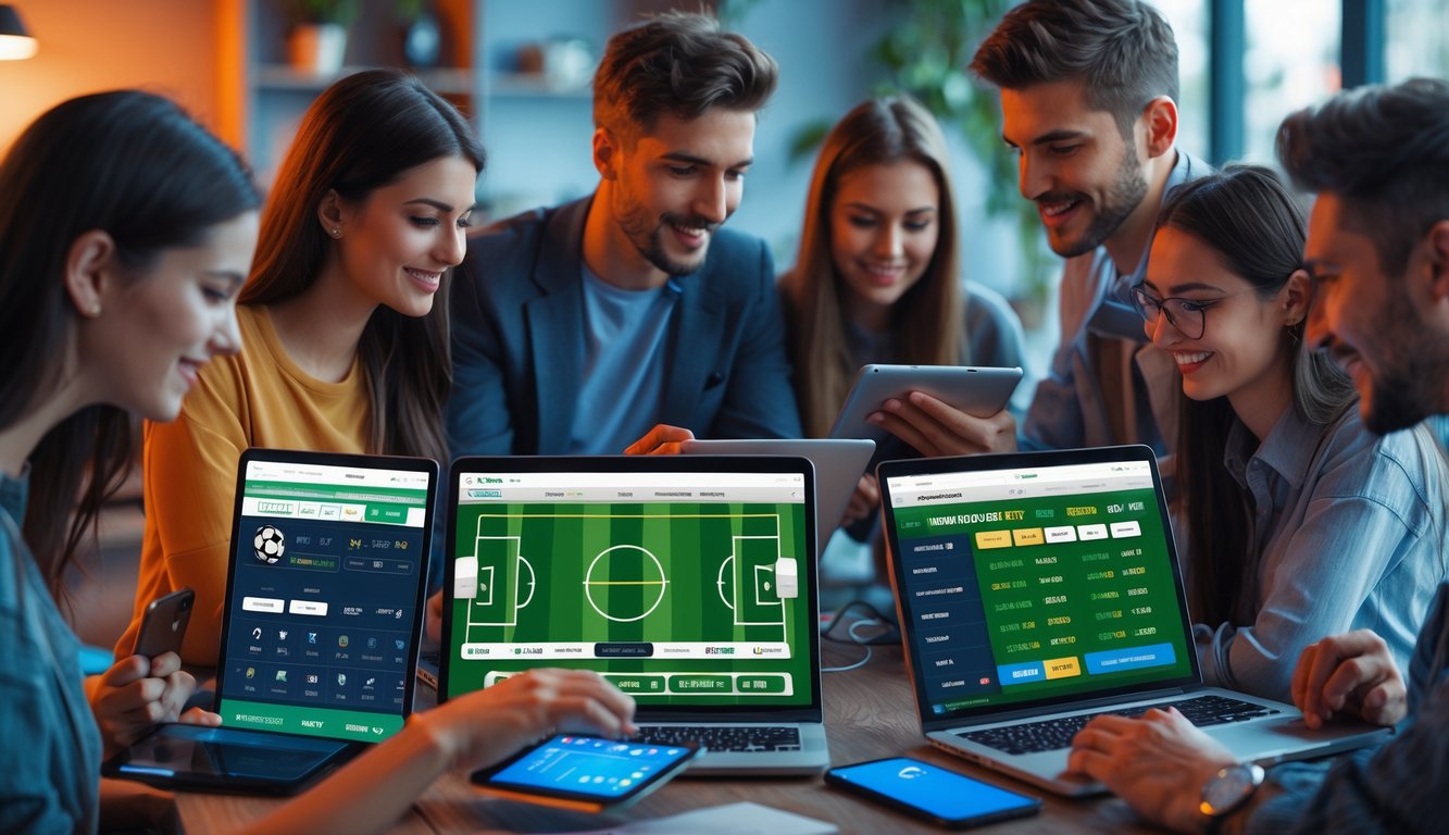 Sejumlah orang muda menggunakan perangkat digital untuk memasang taruhan sepak bola secara online di ruang kerja modern.
