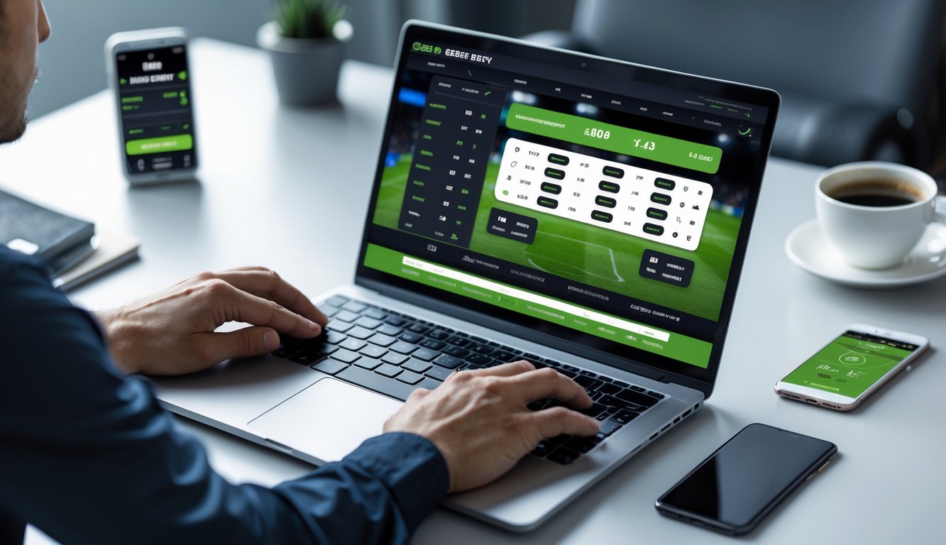Seseorang sedang menggunakan laptop di meja kerja dengan tampilan antarmuka taruhan sepak bola online, dikelilingi oleh ponsel dan cangkir kopi.