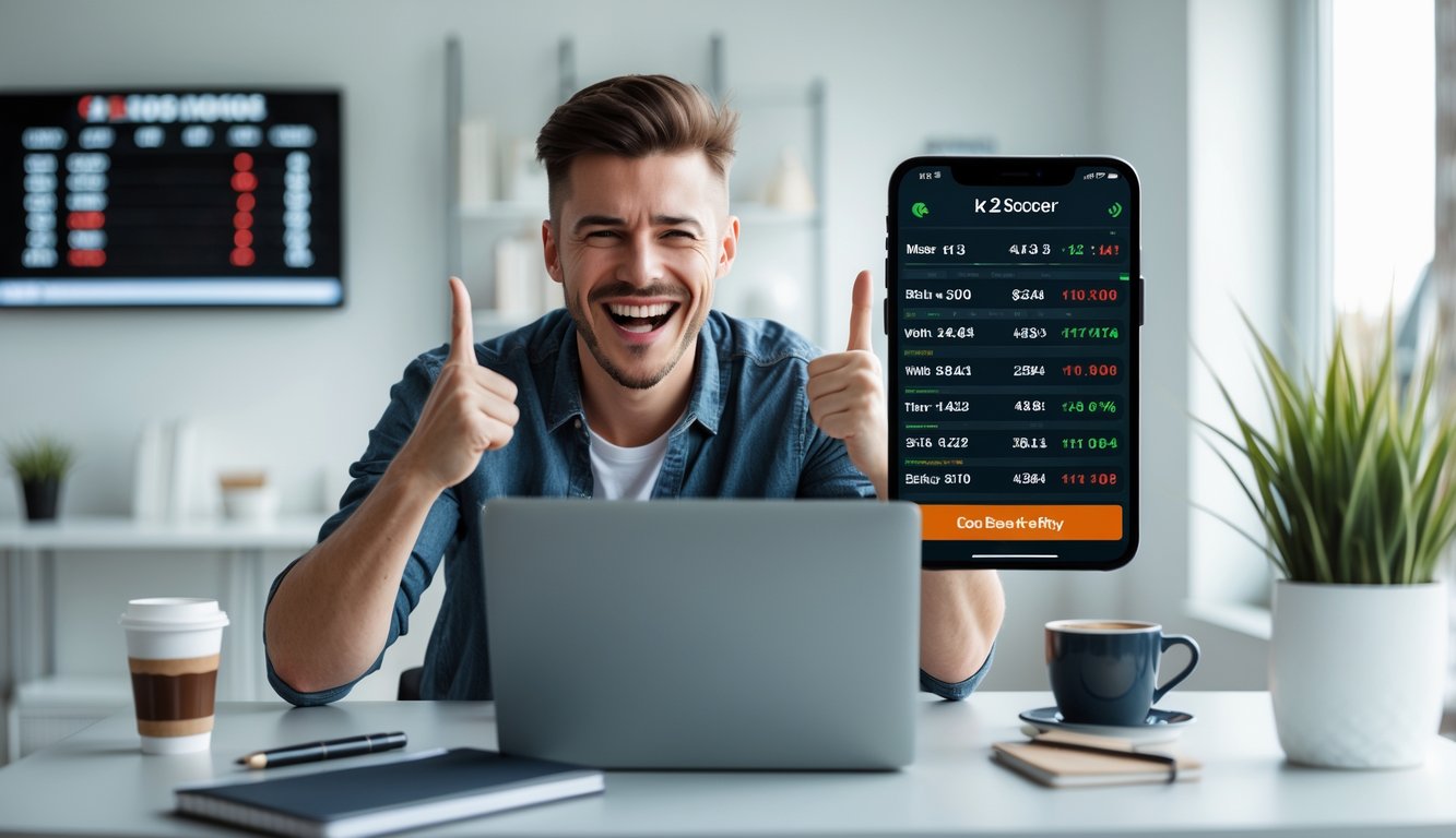 Seorang pria muda tersenyum gembira sambil menggunakan laptop di meja kerja di rumah dengan tampilan statistik sepak bola di layar.