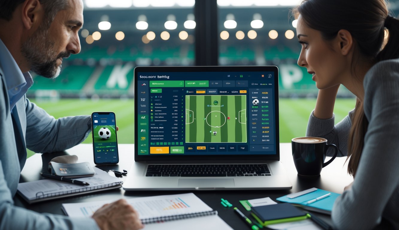 Orang-orang sedang menggunakan laptop dan ponsel untuk memasang taruhan sepak bola online dengan latar belakang stadion sepak bola.