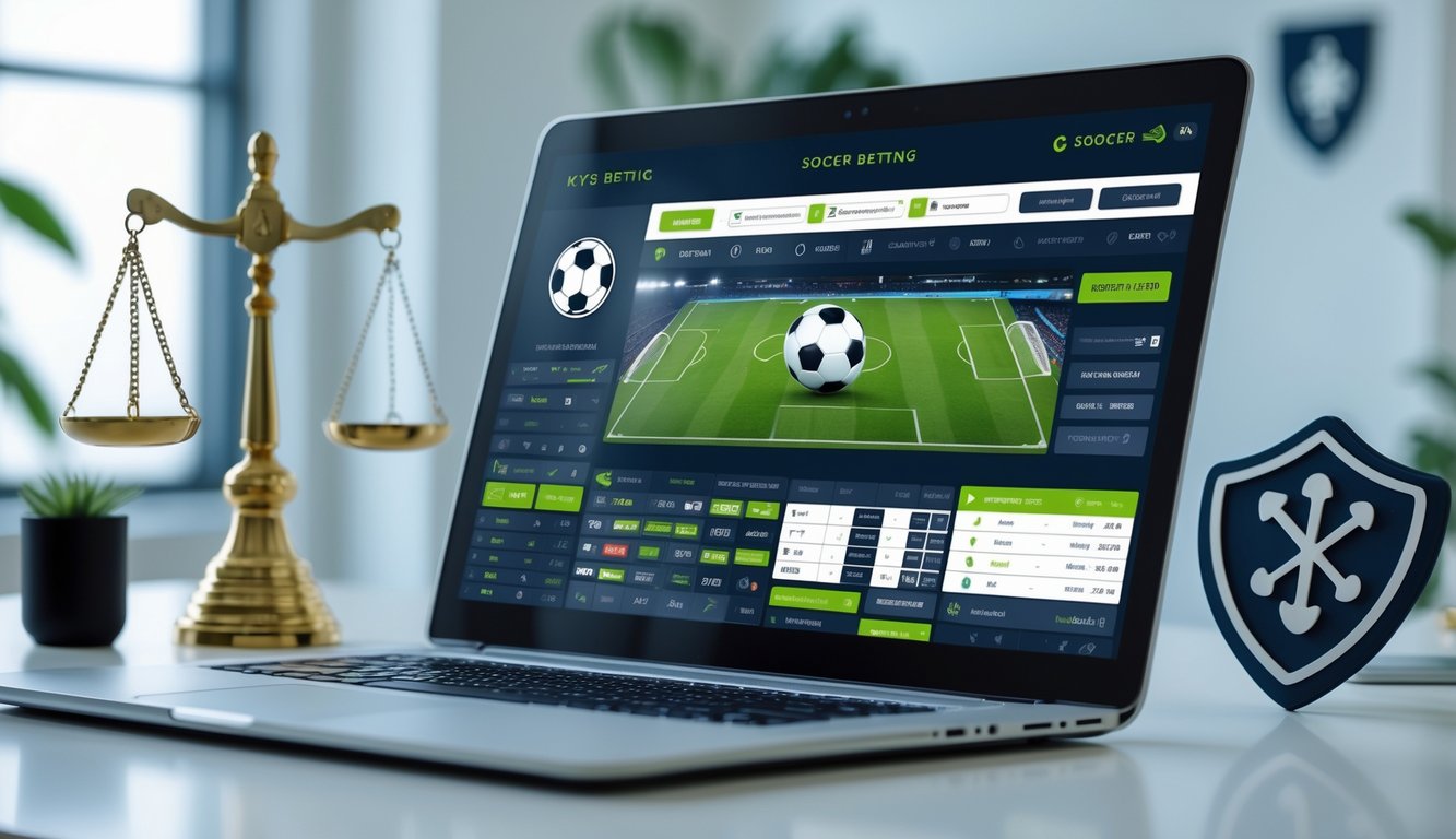 Suasana kerja dengan komputer menampilkan antarmuka taruhan sepak bola online yang profesional dan terpercaya.