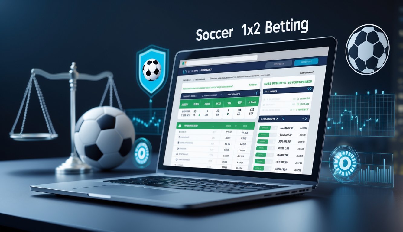 Meja kerja modern dengan laptop yang menampilkan antarmuka taruhan sepak bola online dan elemen simbol keadilan serta kepercayaan.