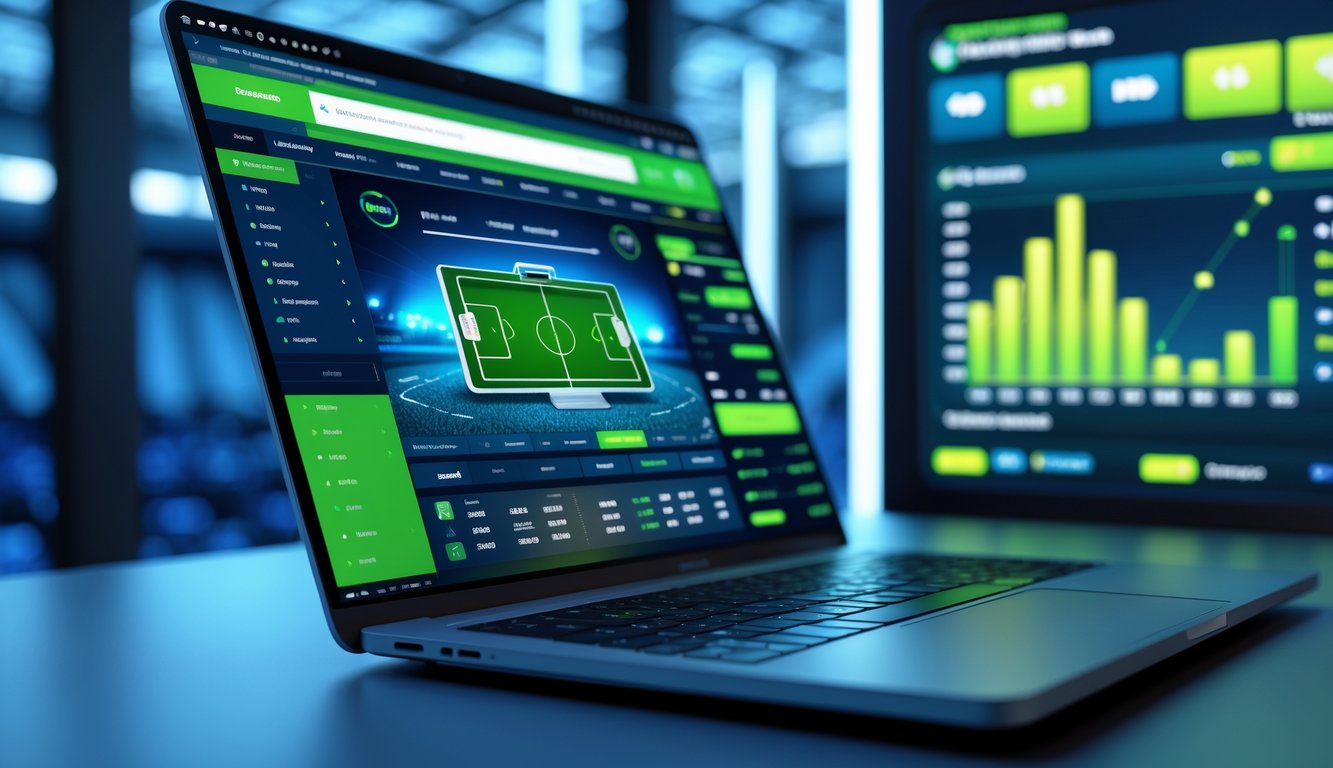 Seseorang menggunakan perangkat digital dengan latar belakang stadion sepak bola dan grafik data yang menggambarkan taruhan olahraga online.
