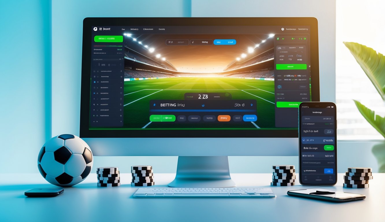 Sebuah ruang kerja modern dengan komputer yang menampilkan antarmuka taruhan sepak bola online dan bola sepak di sampingnya.