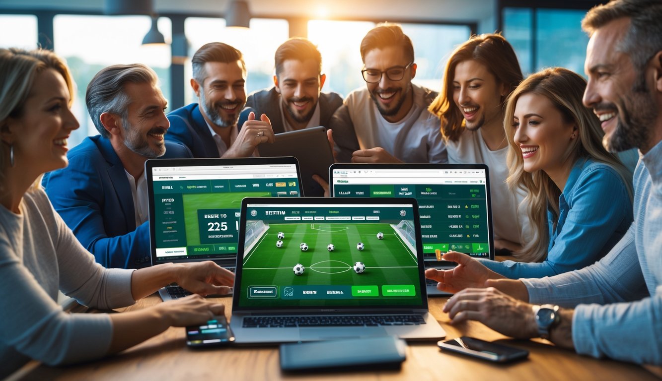 Sekelompok orang dewasa menggunakan perangkat digital untuk memasang taruhan sepak bola secara online dalam suasana yang modern dan profesional.