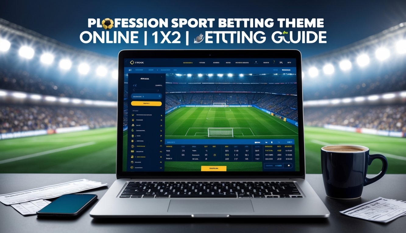 Seorang profesional bekerja dengan laptop yang menampilkan antarmuka taruhan sepak bola online, dengan latar belakang stadion sepak bola yang ramai.