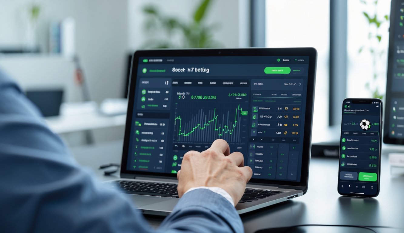Seseorang menggunakan laptop dan smartphone untuk memasang taruhan sepak bola online di ruang kerja yang terang dan rapi.