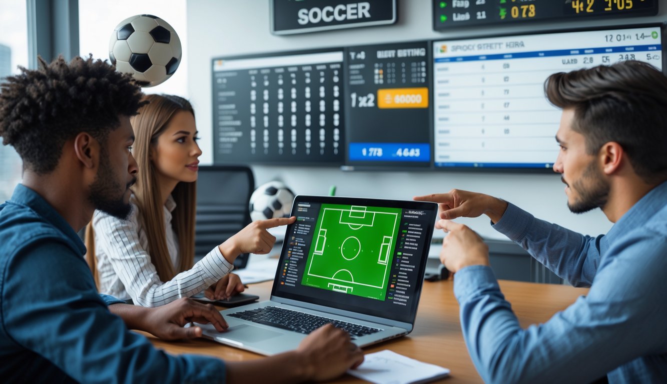 Sekelompok orang muda sedang bekerja dengan komputer yang menampilkan statistik dan peluang taruhan sepak bola secara online di sebuah kantor modern.