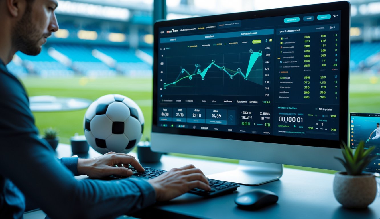 Seorang profesional menggunakan komputer dengan tampilan antarmuka taruhan sepak bola online, di ruang kerja modern dengan bola sepak dan latar stadion.