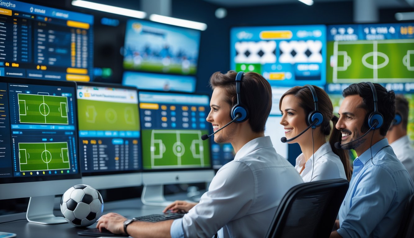 Suasana kerja profesional dengan beberapa orang melayani pelanggan melalui komputer, menampilkan statistik dan taruhan sepak bola.