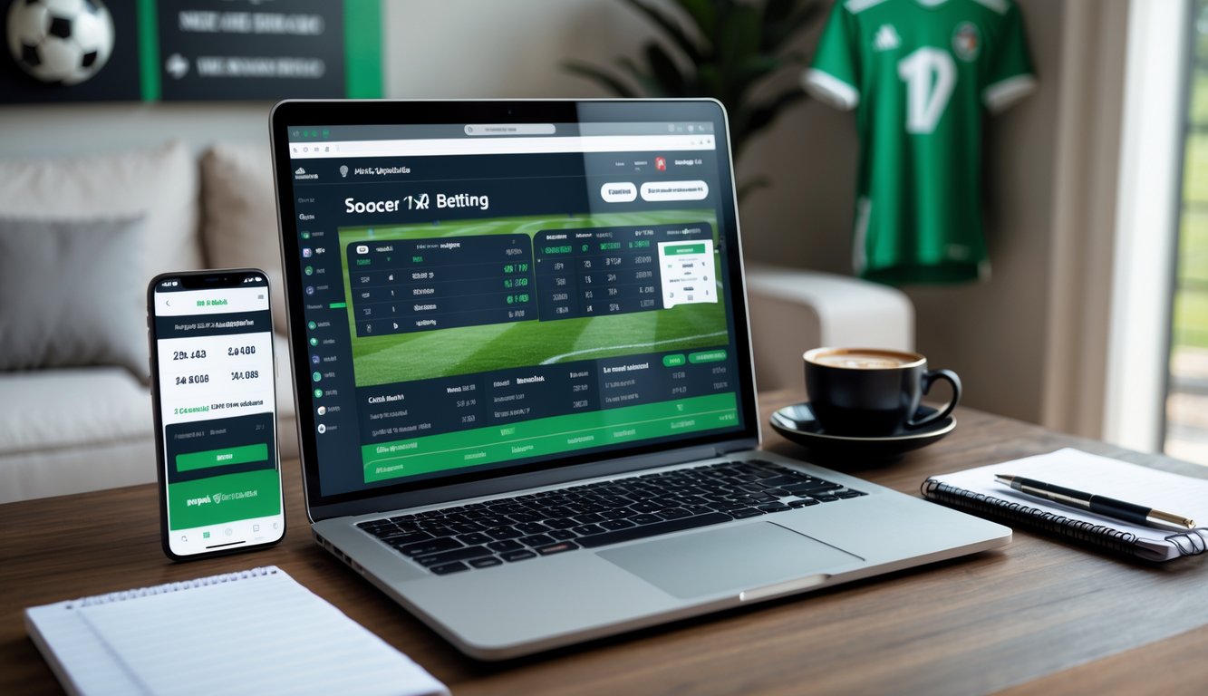 Seseorang menggunakan laptop di meja kerja dengan aplikasi taruhan sepak bola terbuka, dikelilingi oleh smartphone, kopi, dan alat tulis di ruangan yang nyaman dengan dekorasi sepak bola.