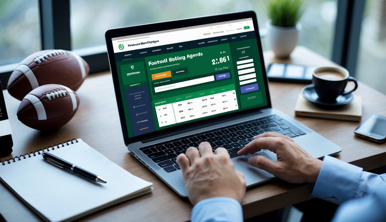 Meja kerja dengan laptop yang menampilkan situs taruhan sepak bola, tangan seseorang sedang mengetik, bola sepak, ponsel, dan cangkir kopi di sekitar.