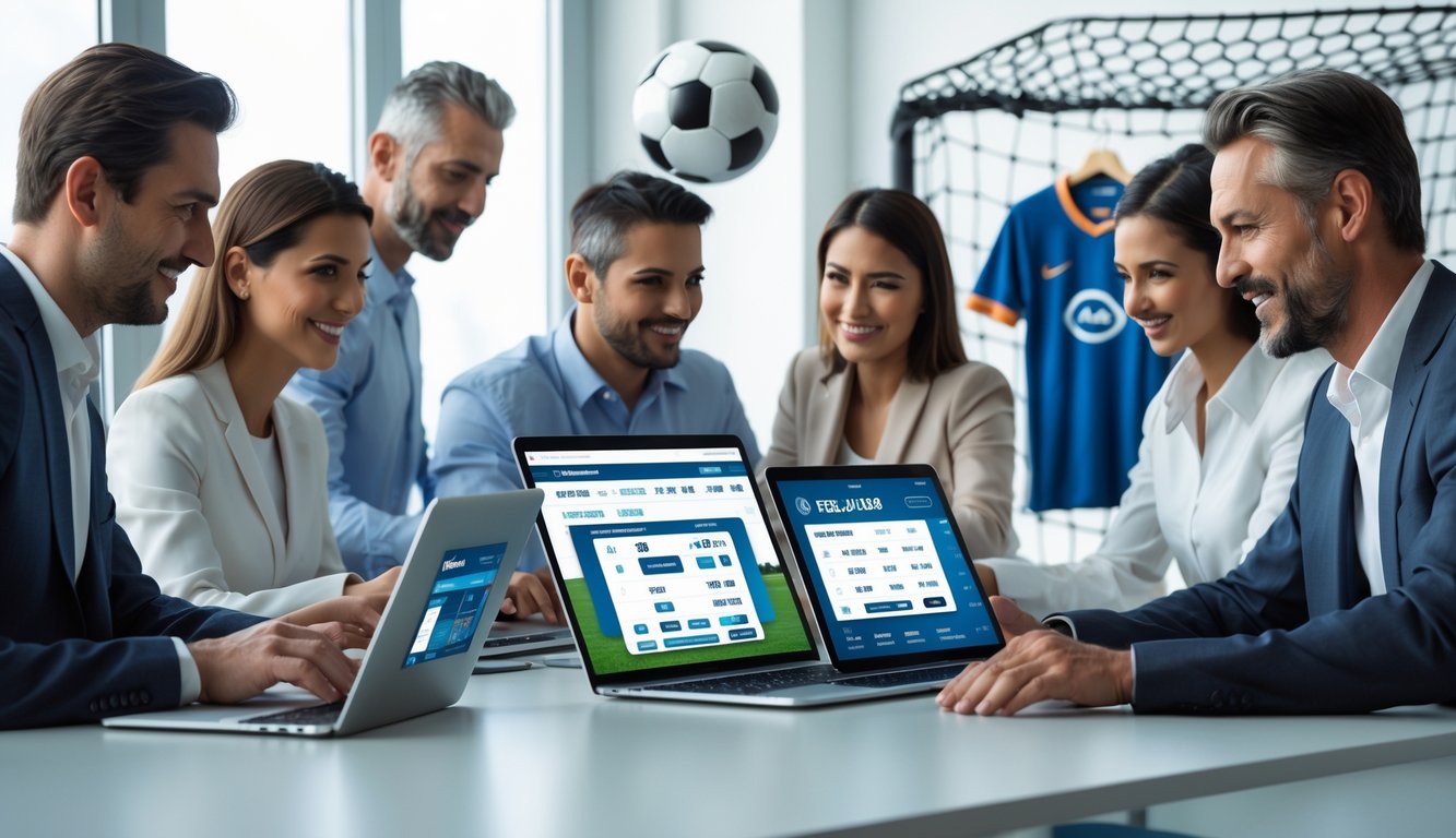 Beberapa orang menggunakan perangkat digital untuk bertaruh sepak bola secara online di ruang kerja yang terang dan rapi.