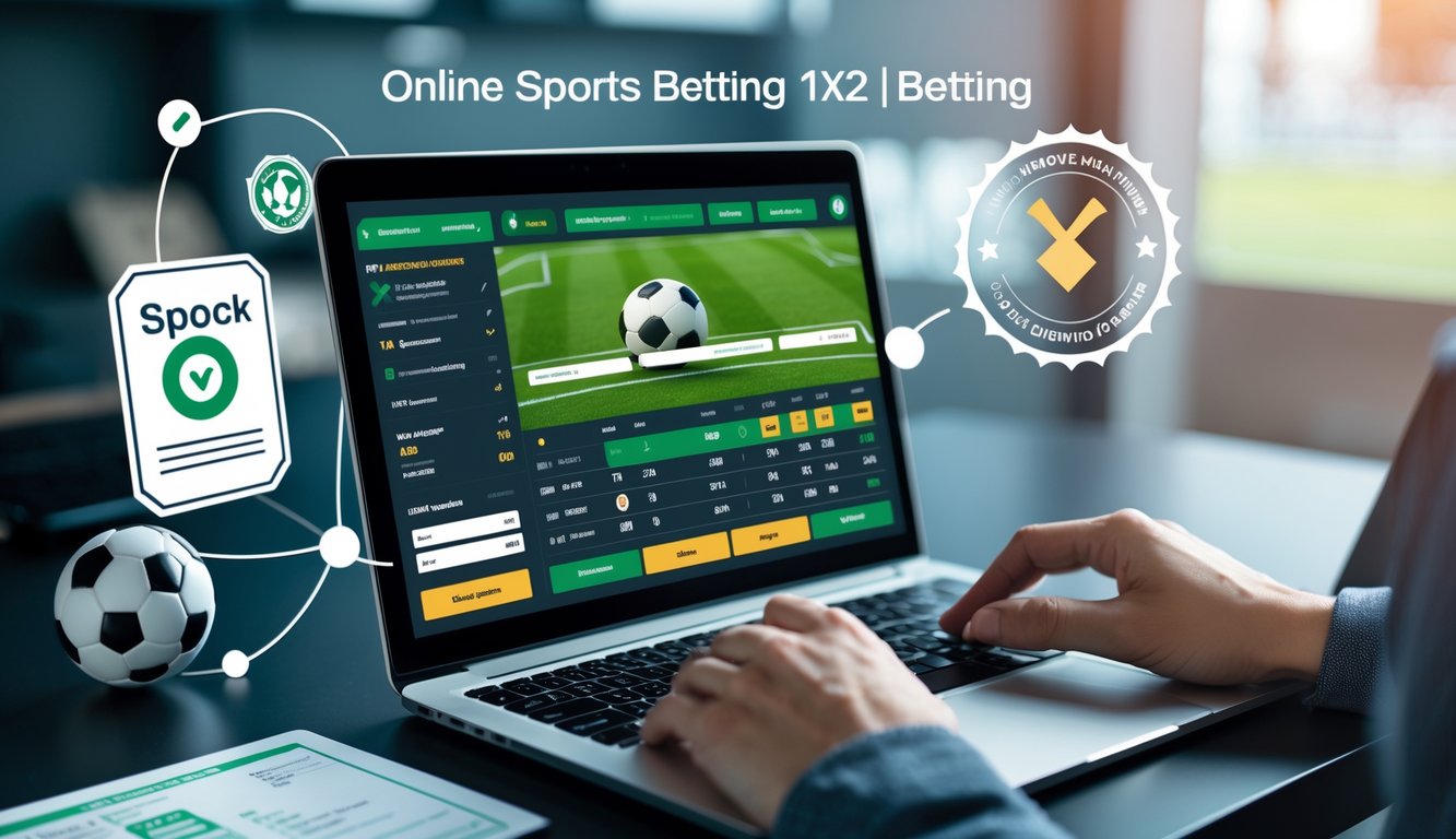 Seorang profesional sedang menggunakan laptop dengan tampilan taruhan sepak bola online, dikelilingi simbol kepercayaan dan legalitas, dengan latar belakang stadion sepak bola.