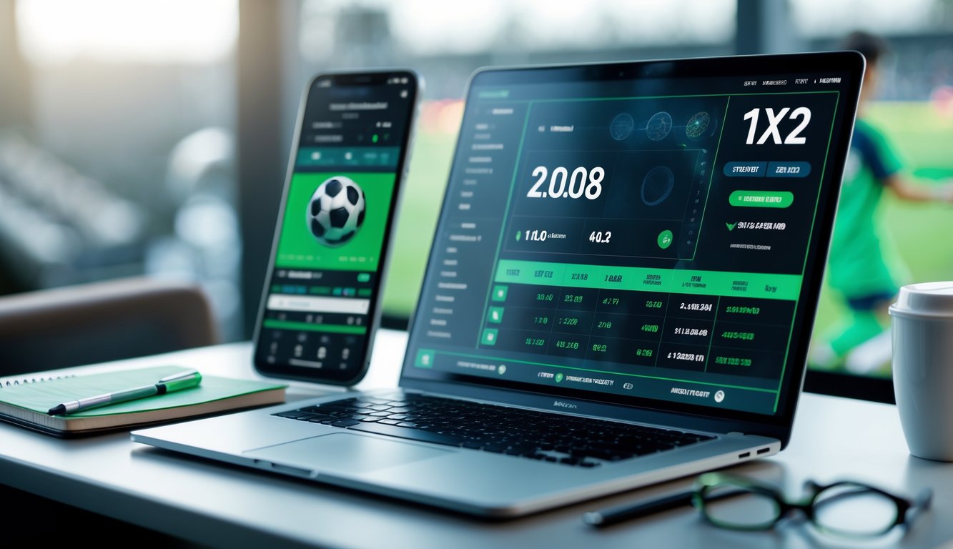 Seorang profesional menggunakan komputer dengan tampilan antarmuka taruhan sepak bola online, dikelilingi oleh smartphone dan alat tulis di meja kerja.