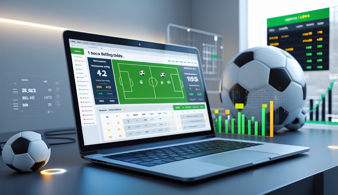 Seorang profesional menggunakan laptop dengan layar menampilkan statistik dan peluang taruhan sepak bola secara online, dengan bola sepak dan grafik di sekitarnya.