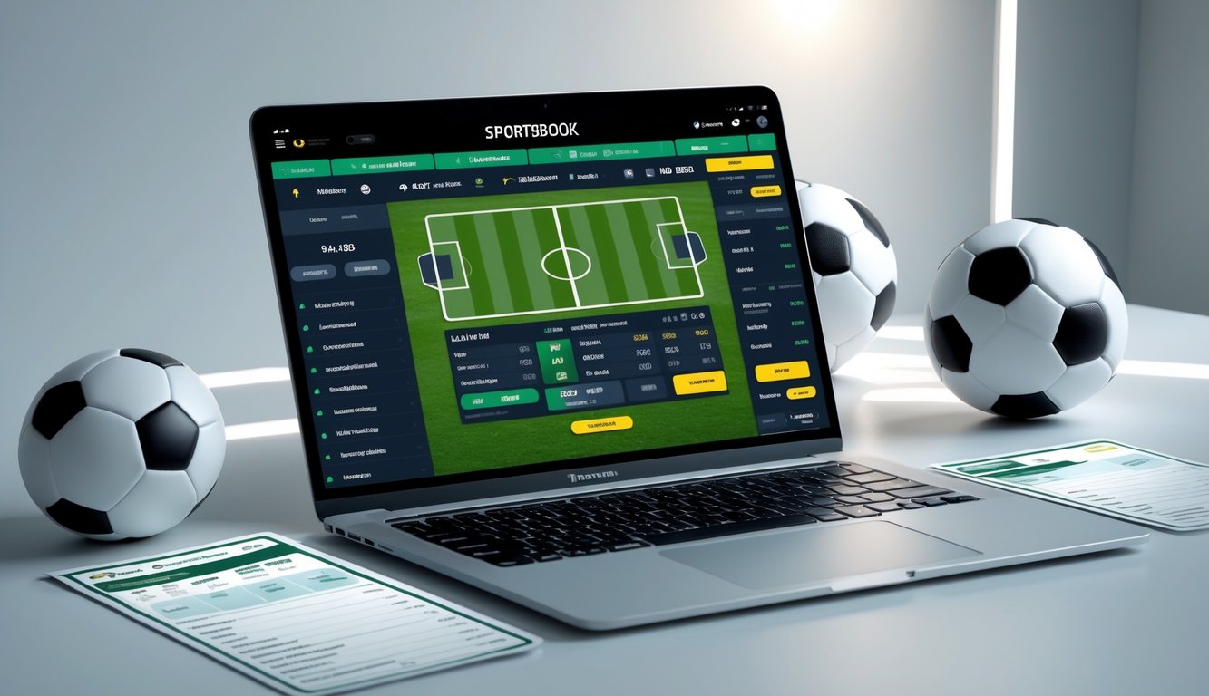 Meja kerja modern dengan laptop menampilkan situs taruhan sepak bola online, bola sepak, dan ponsel dengan aplikasi taruhan terbuka.