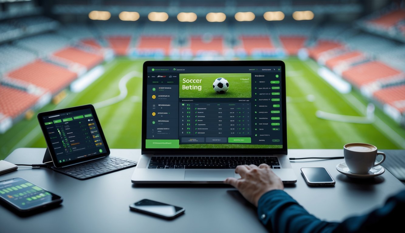 Seseorang sedang menggunakan laptop dengan tampilan taruhan sepak bola online, di latar belakang terlihat stadion sepak bola yang samar.