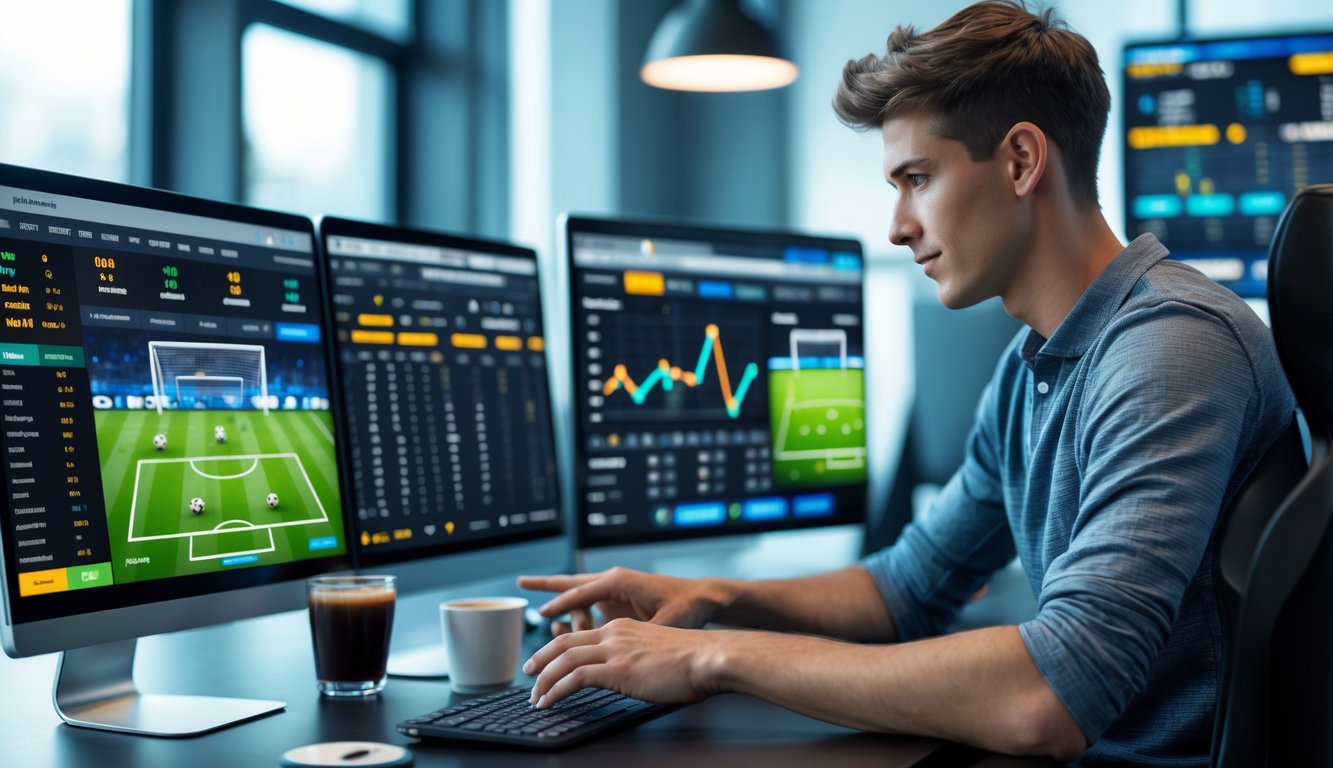 Seorang pria muda sedang menggunakan komputer dengan tampilan statistik pertandingan sepak bola di layar dalam suasana kerja modern.