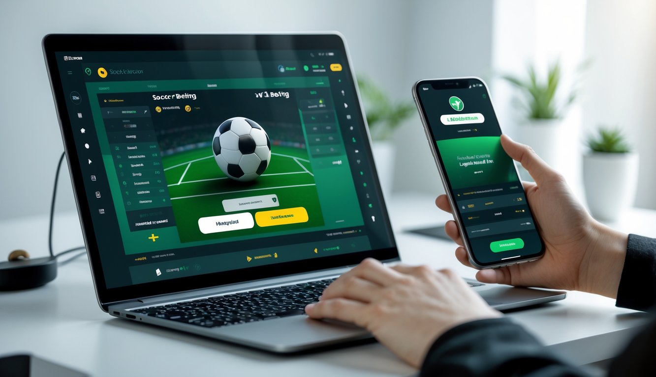 Seorang pengguna sedang menggunakan laptop dan ponsel di meja kerja dengan tampilan antarmuka taruhan sepak bola dan konfirmasi penarikan cepat.