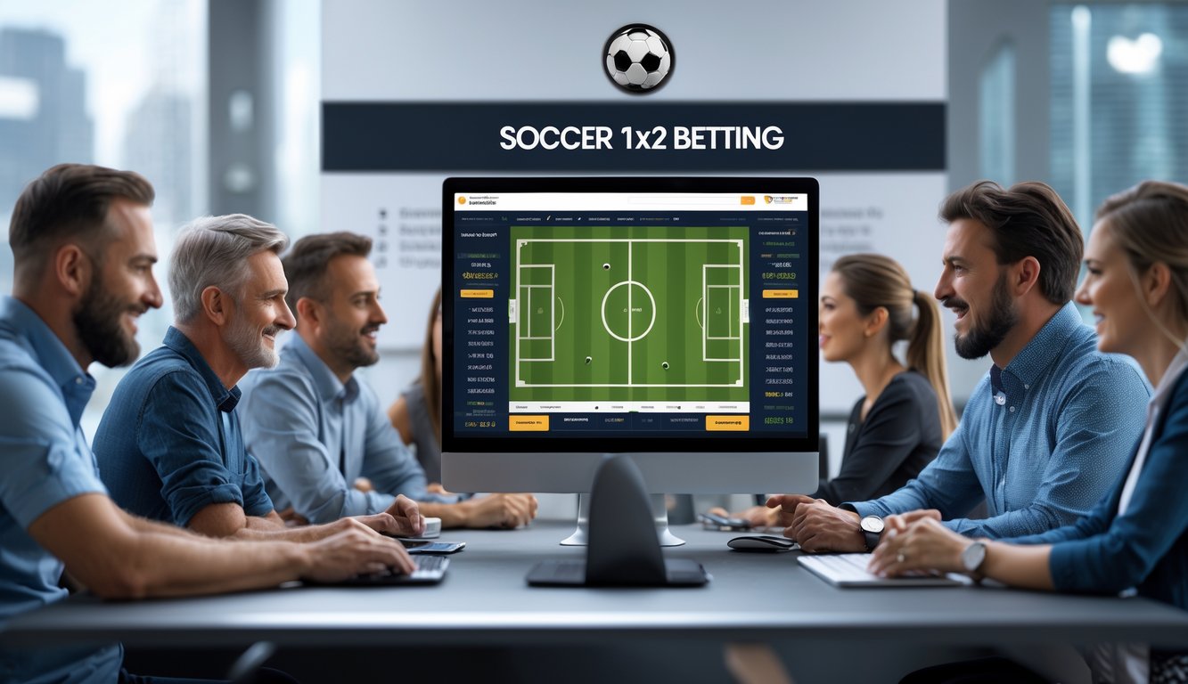 Orang-orang yang fokus menggunakan komputer untuk taruhan sepak bola online di ruang kerja modern.