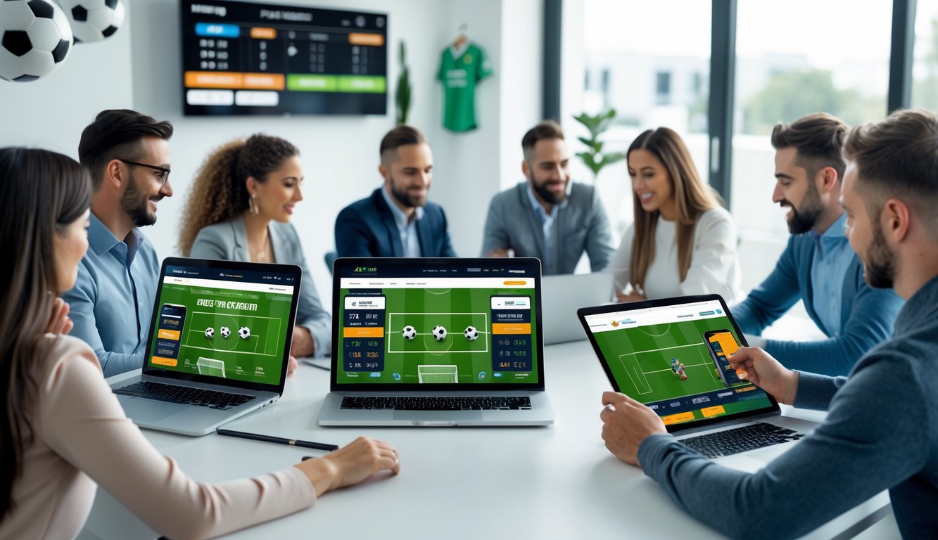 Beberapa orang menggunakan perangkat digital untuk memasang taruhan sepak bola secara online di lingkungan yang modern dan profesional.