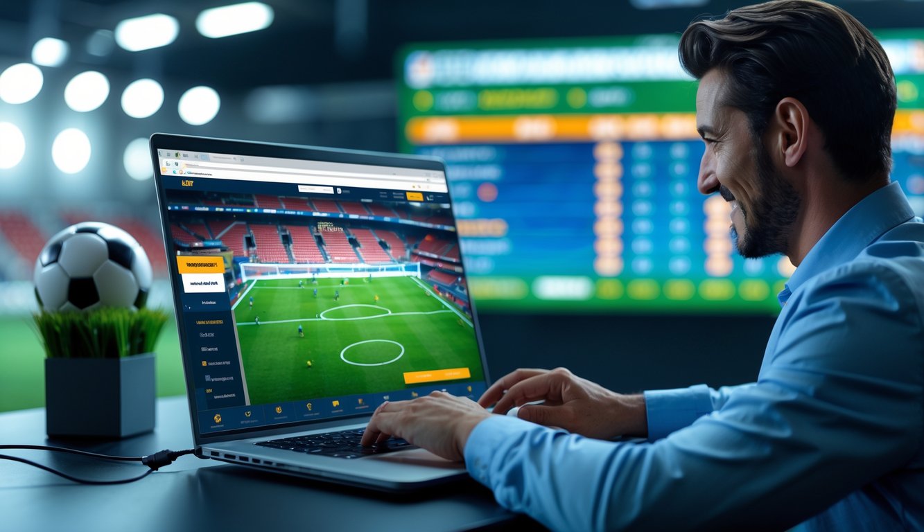 Seseorang menggunakan komputer dengan tampilan pertandingan sepak bola dan peluang taruhan di layar, di ruang kerja modern dengan bola sepak di latar belakang.