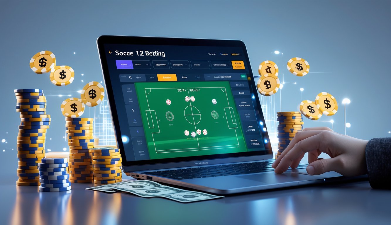 Seseorang menggunakan komputer dengan tampilan taruhan sepak bola online, dikelilingi oleh tumpukan chip dan simbol jackpot.