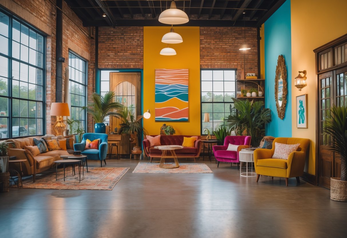 Indoor space with exposed brick walls, large windows, vintage furniture, colorful murals, and artistic lighting creating unique photo spots.