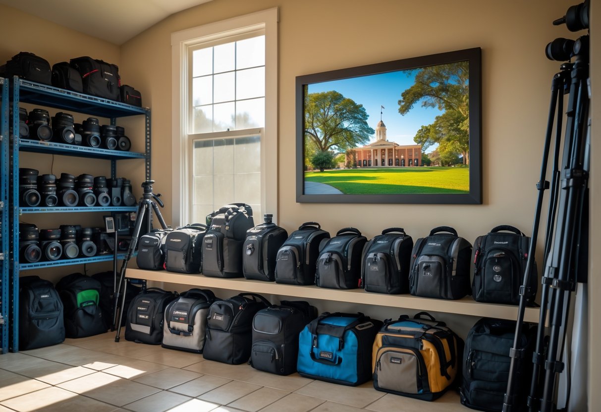 A neatly organized storage area with camera equipment including bags, tripods, and lenses on shelves, with a framed photo of an outdoor scene in the background.